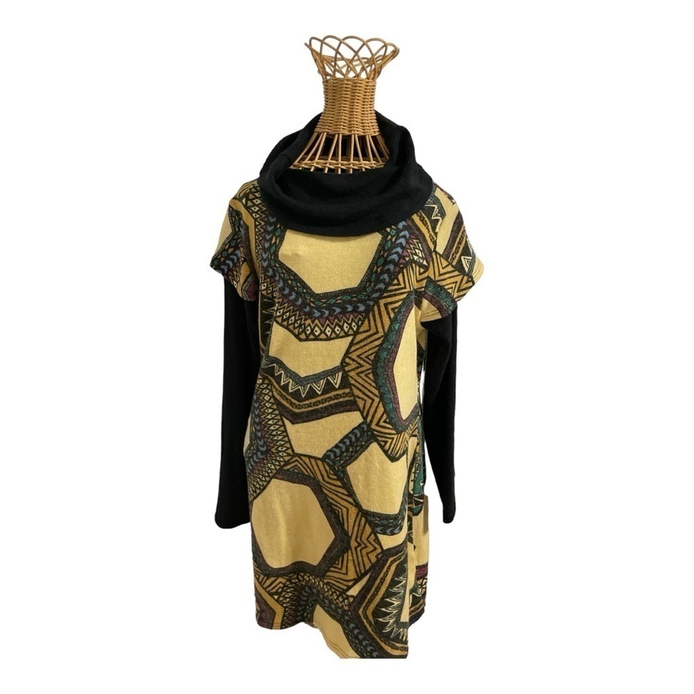 Addie Geo Print Cowl Neck Layered Sweater Dress Tunic L - Picture 2 of 13